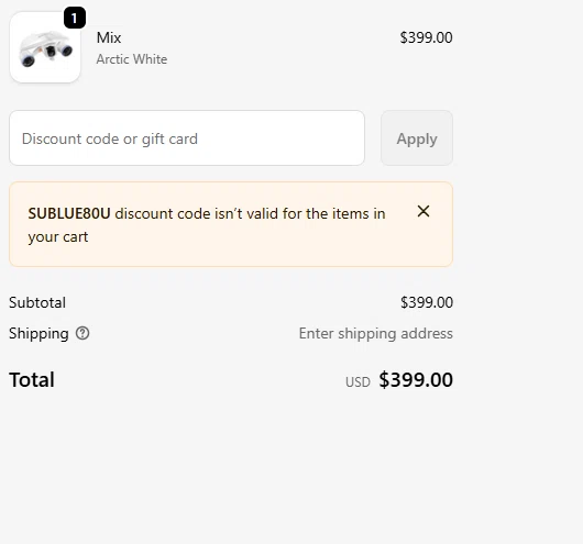 Sublue Official Store promo code screenshot showing code SUBLUE80U applied at Sublue Official Store checkout page. Uploaded by SimplyCodes community member PrimeBoss5300 on Dec 27, 2025