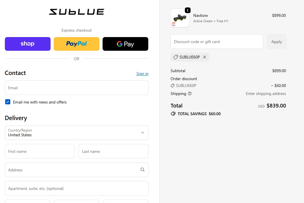 Sublue Official Store promo code screenshot showing code SUBLUE60P applied at Sublue Official Store checkout page. Uploaded by SimplyCodes community member PrimeBoss5300 on Dec 21, 2025