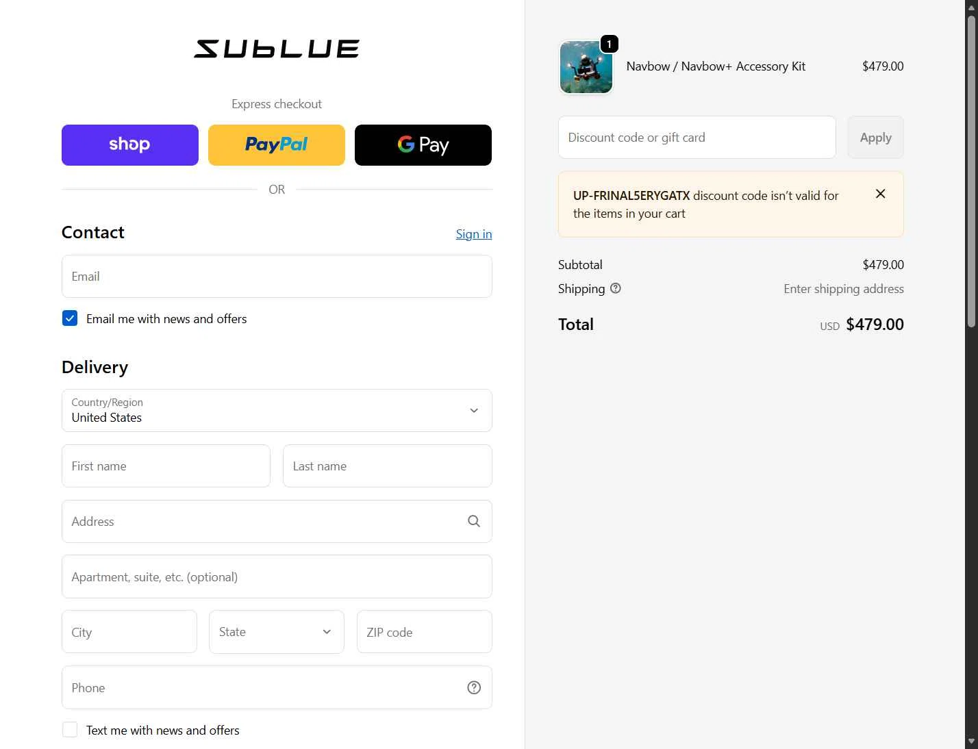 Sublue Official Store checkout page showing Sublue Official Store promo code box | Screenshot taken by SimplyCodes community member on Jan 9, 2026