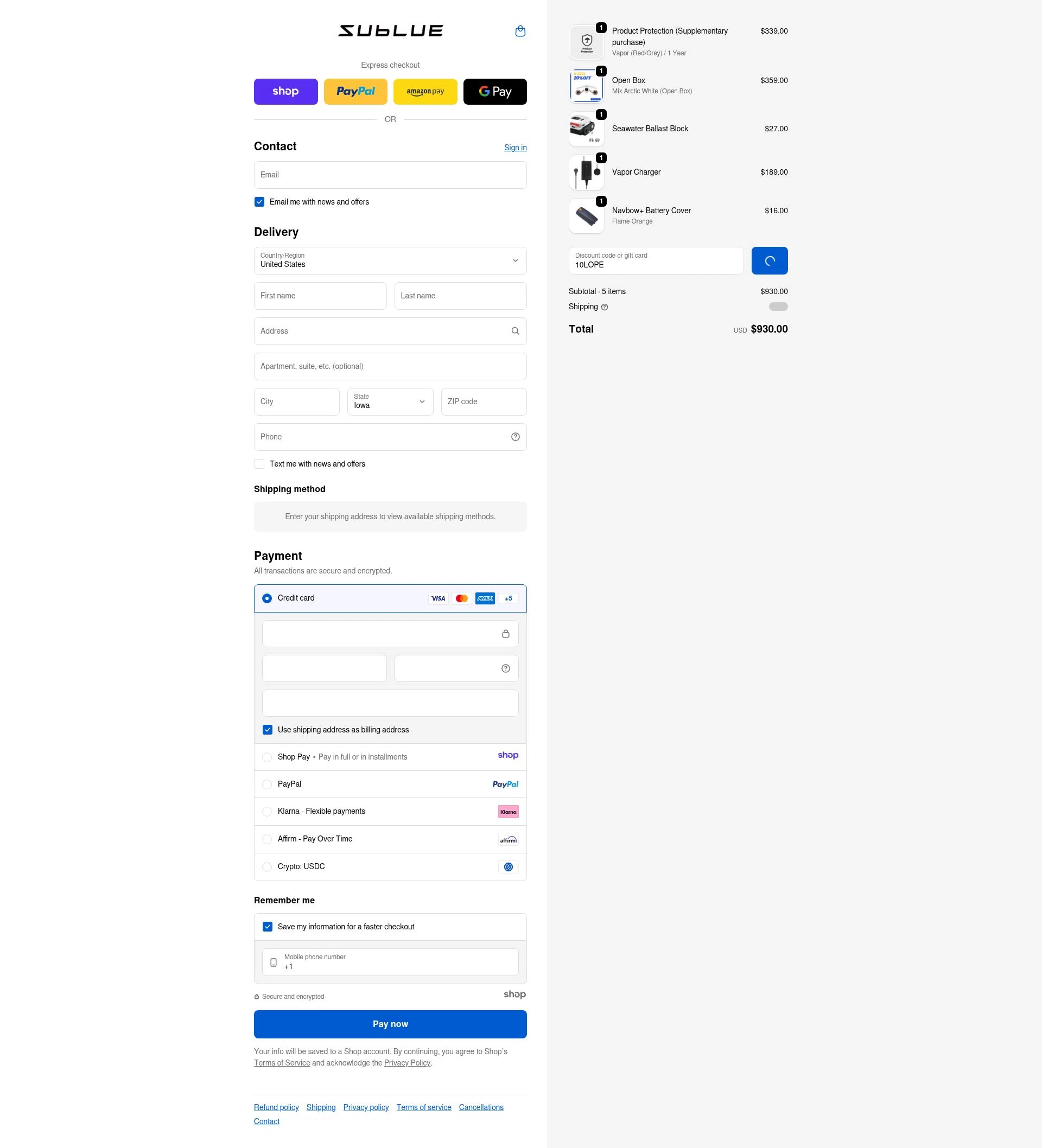 Sublue Official Store checkout page showing Sublue Official Store promo code box | Screenshot taken by SimplyCodes community member on Jan 8, 2026