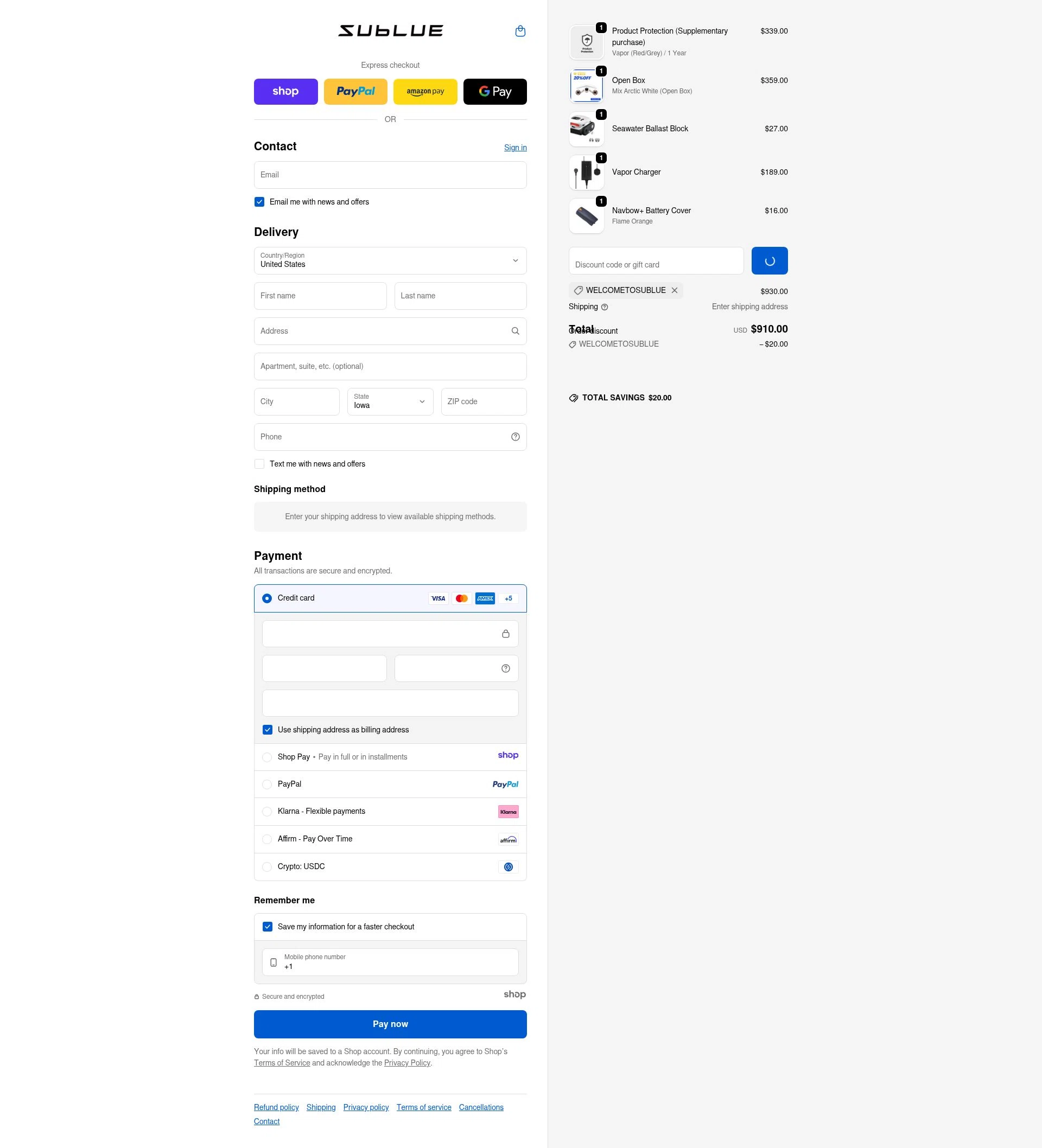 Sublue Official Store checkout page showing Sublue Official Store promo code box | Screenshot taken by SimplyCodes community member on Jan 8, 2026