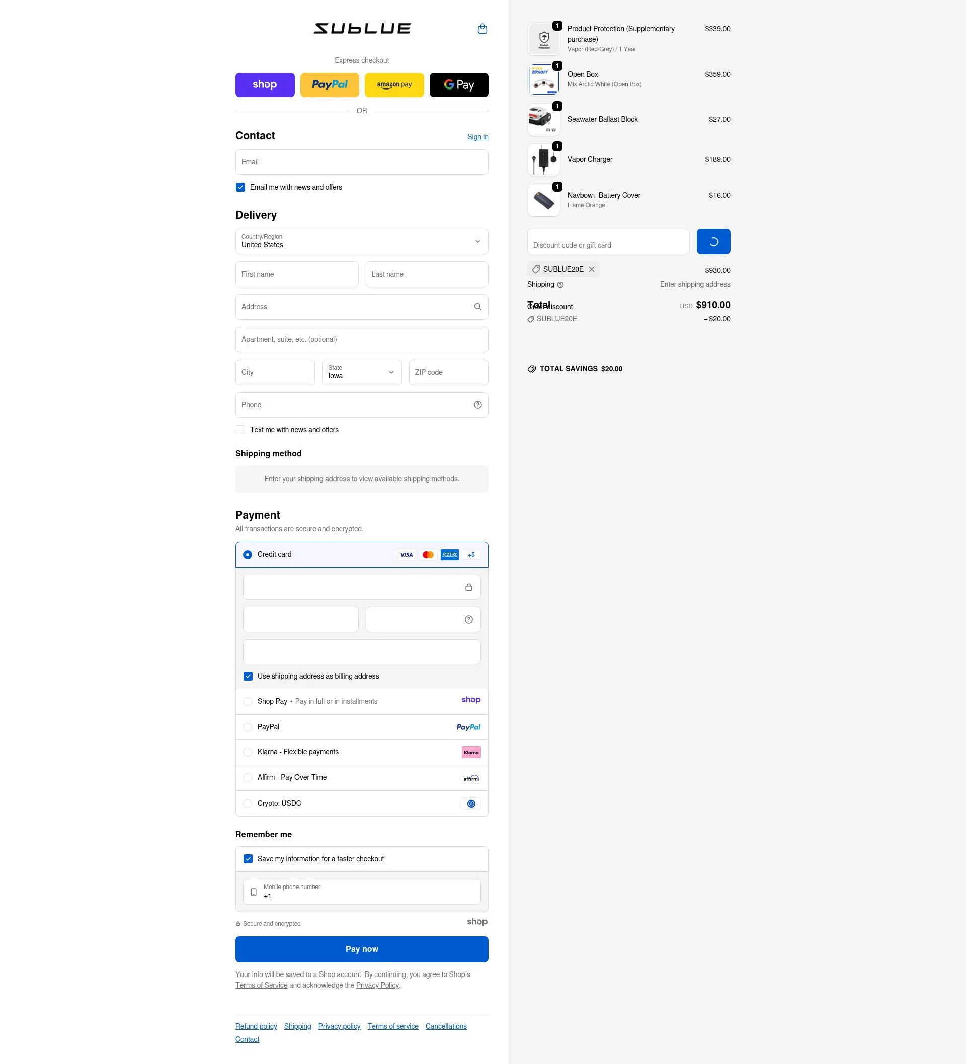 Sublue Official Store checkout page showing Sublue Official Store promo code box | Screenshot taken by SimplyCodes community member on Jan 8, 2026