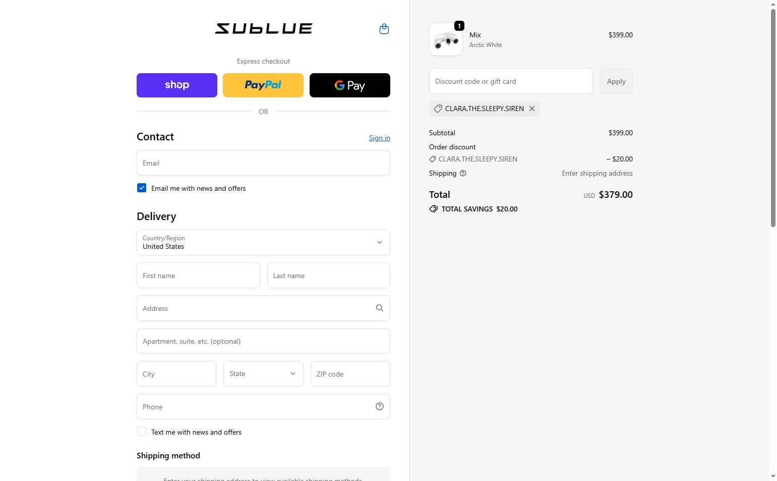 Sublue Official Store checkout page showing Sublue Official Store promo code box | Screenshot taken by SimplyCodes community member on Jan 9, 2026