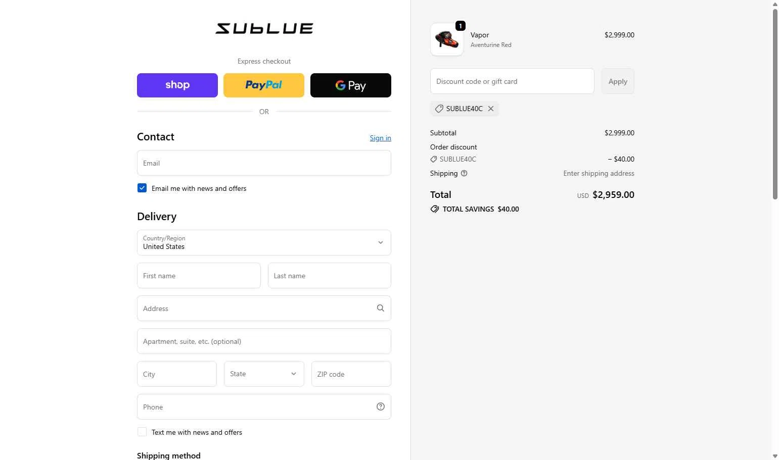 Sublue Official Store checkout page showing Sublue Official Store promo code box | Screenshot taken by SimplyCodes community member on Jan 9, 2026
