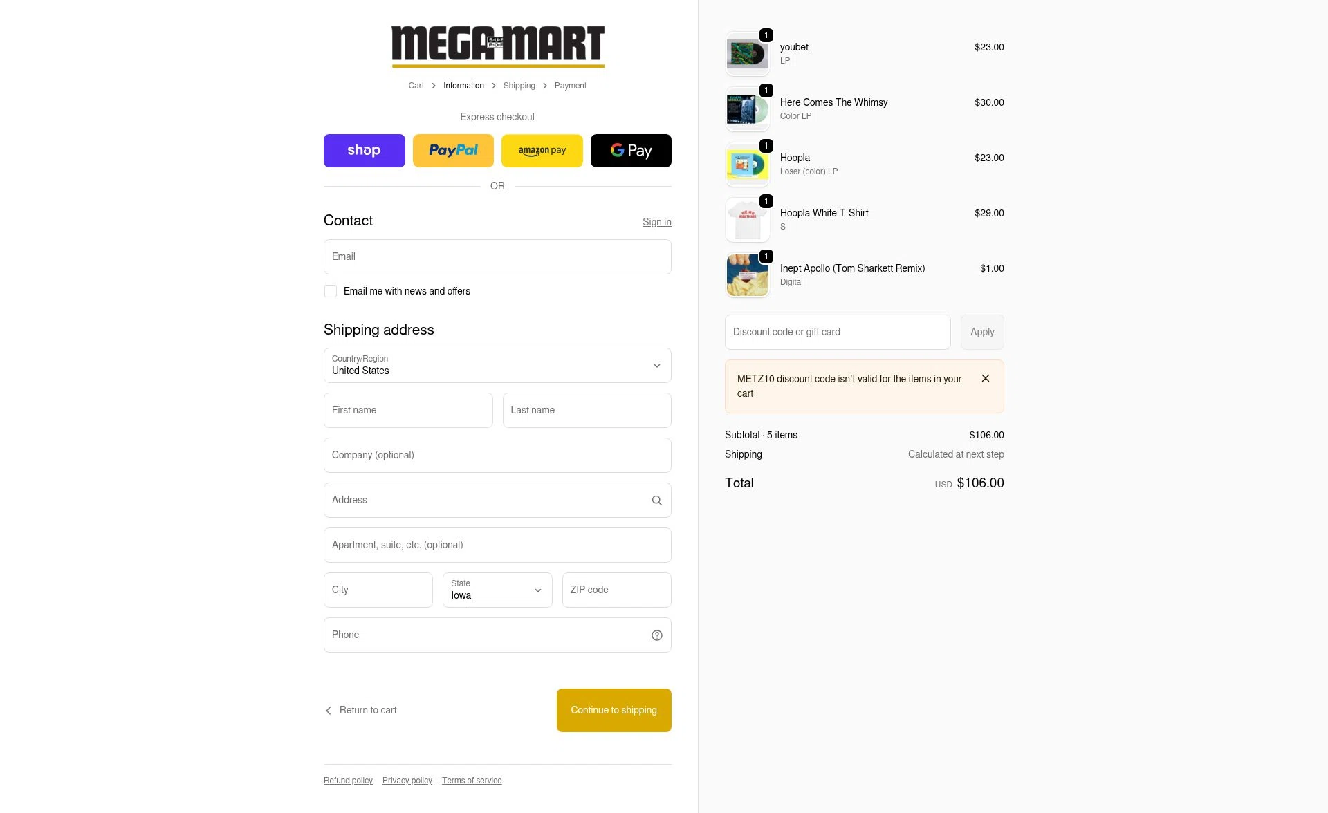 Sub Pop checkout page showing Sub Pop discount code box | Screenshot taken by SimplyCodes community member on Feb 20, 2026