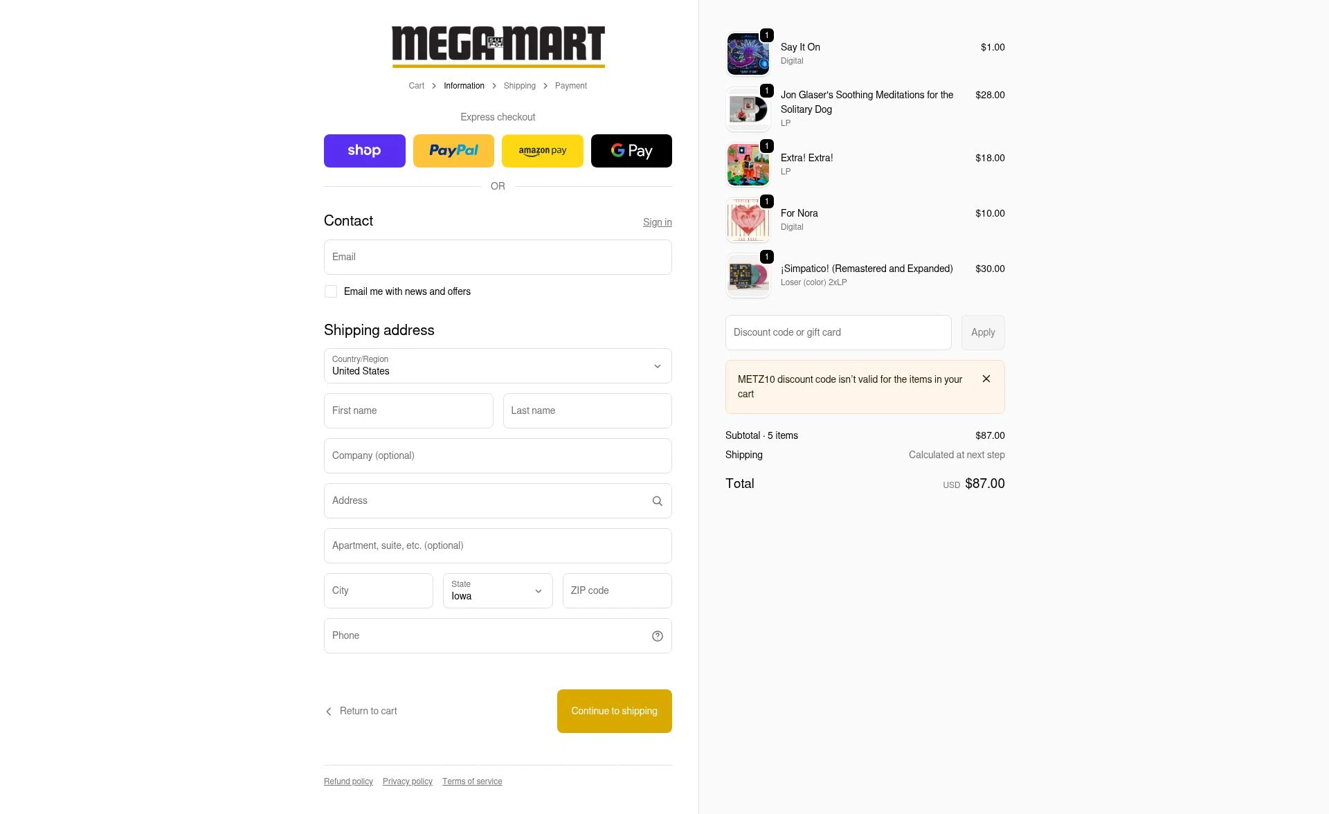 Sub Pop checkout page showing Sub Pop discount code box | Screenshot taken by SimplyCodes community member on Jan 10, 2026