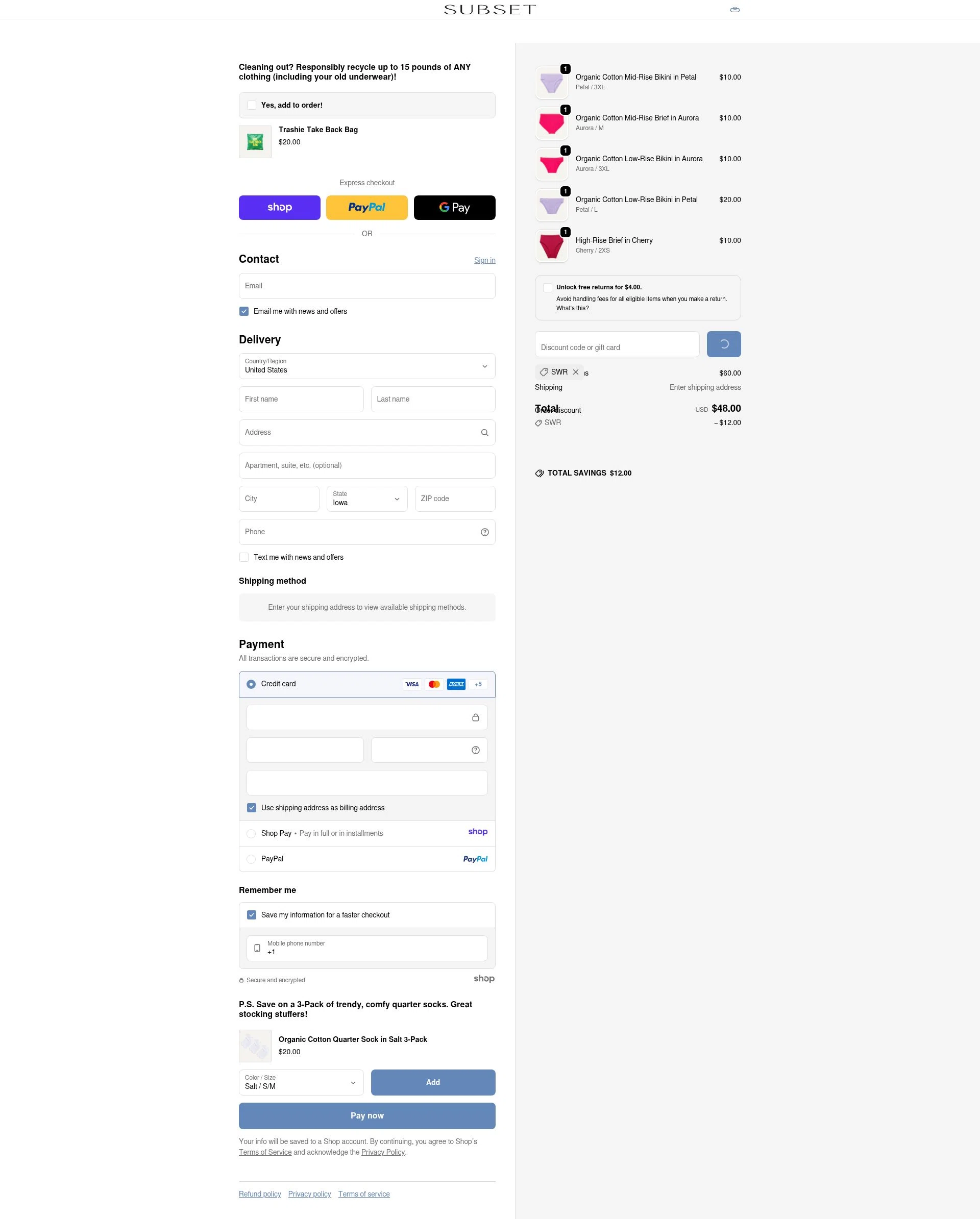 Subset checkout page showing Subset discount code box | Screenshot taken by SimplyCodes community member on Dec 29, 2025