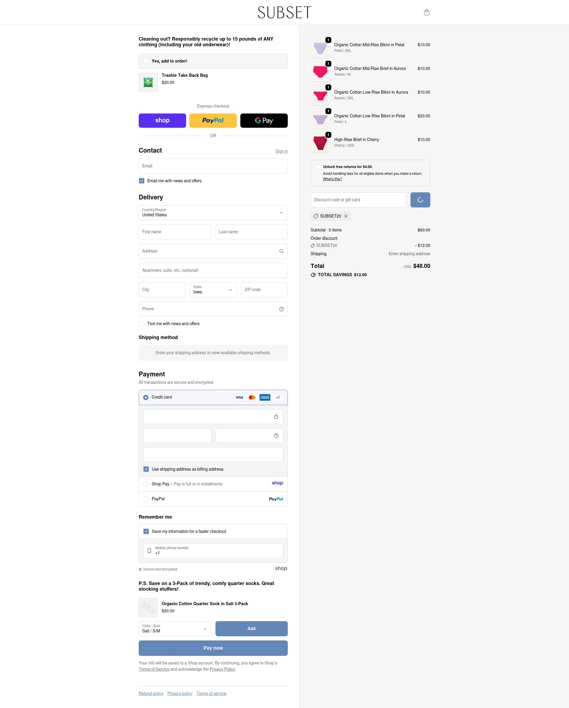 Subset checkout page showing Subset discount code box | Screenshot taken by SimplyCodes community member on Dec 29, 2025