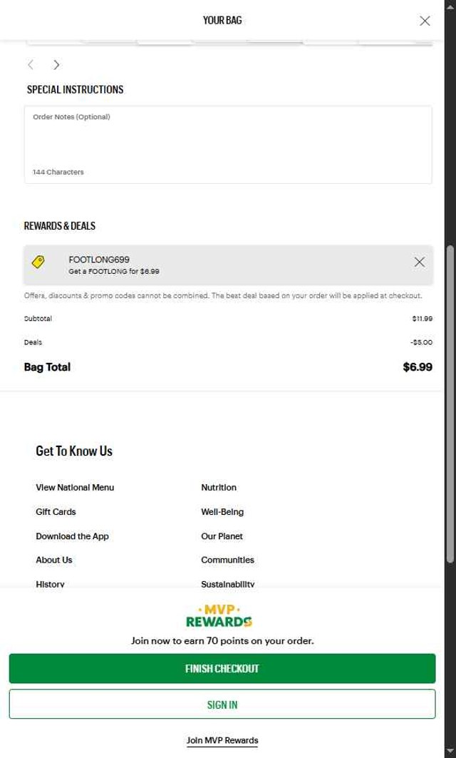 Subway checkout page showing Subway promo code box | Screenshot taken by SimplyCodes community member on Aug 11, 2025
