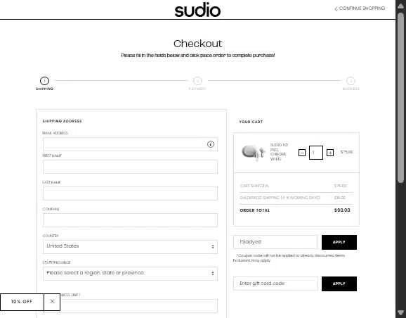 Sudio checkout page showing Sudio discount code box | Screenshot taken by SimplyCodes community member on Dec 22, 2025