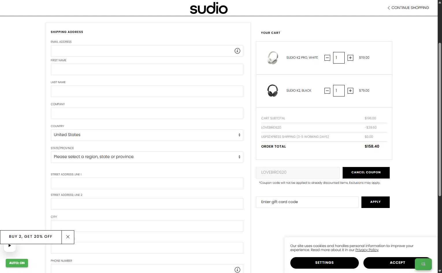 Sudio checkout page showing Sudio discount code box | Screenshot taken by SimplyCodes community member on Feb 4, 2026