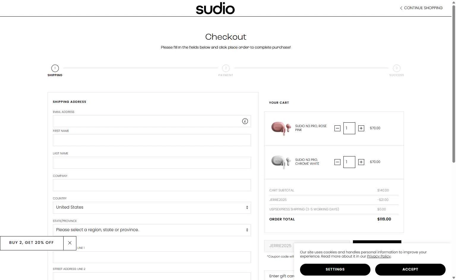Sudio checkout page showing Sudio discount code box | Screenshot taken by SimplyCodes community member on Feb 6, 2026