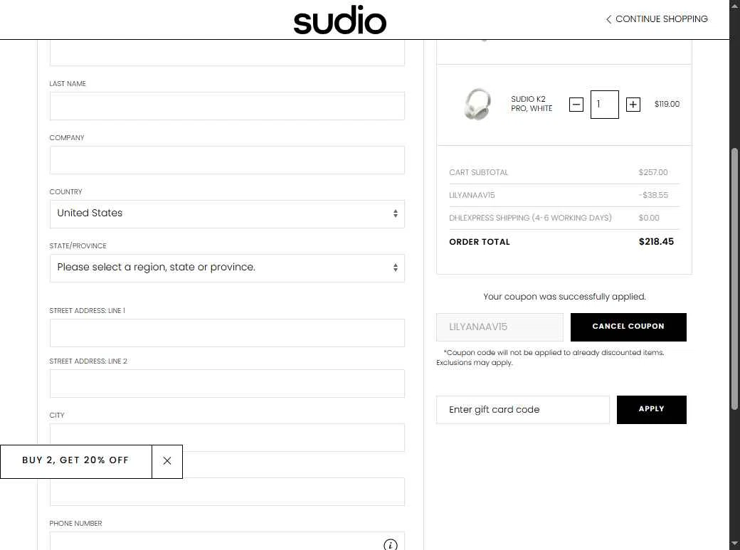 Sudio checkout page showing Sudio discount code box | Screenshot taken by SimplyCodes community member on Feb 6, 2026