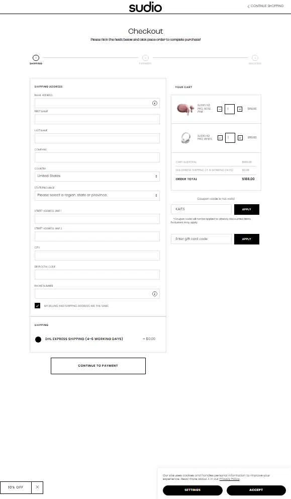 Sudio checkout page showing Sudio discount code box | Screenshot taken by SimplyCodes community member on Dec 22, 2025