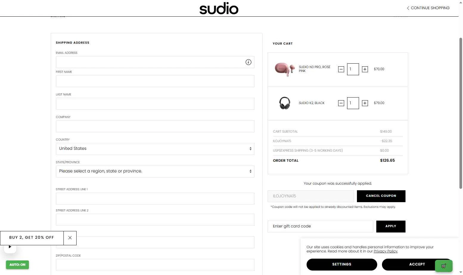 Sudio checkout page showing Sudio discount code box | Screenshot taken by SimplyCodes community member on Feb 6, 2026