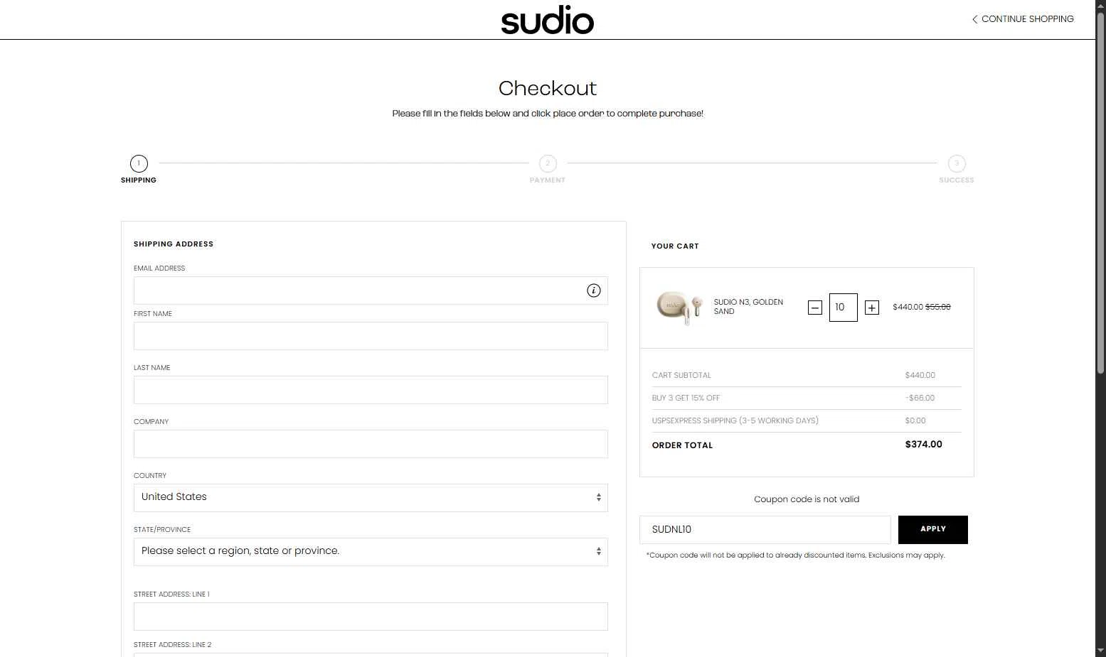 Sudio checkout page showing Sudio discount code box | Screenshot taken by SimplyCodes community member on Nov 27, 2025