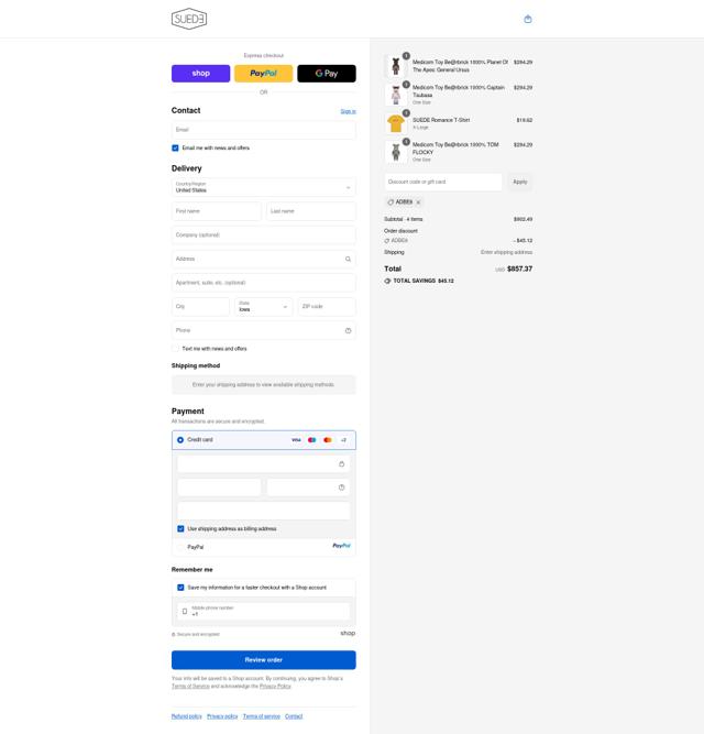Suede Store checkout page showing Suede Store promo code box | Screenshot taken by SimplyCodes community member on Sep 13, 2025