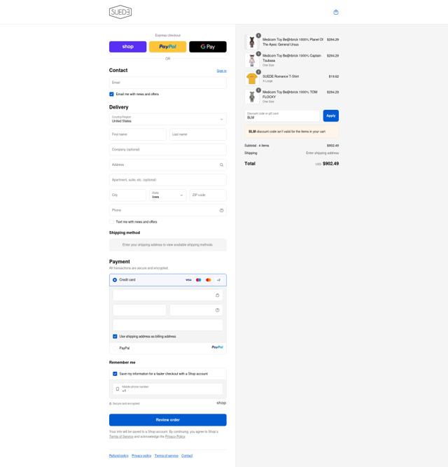 Suede Store checkout page showing Suede Store promo code box | Screenshot taken by SimplyCodes community member on Sep 13, 2025