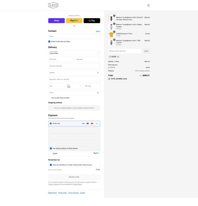 Suede Store checkout page showing Suede Store promo code box | Screenshot taken by SimplyCodes community member on Sep 13, 2025