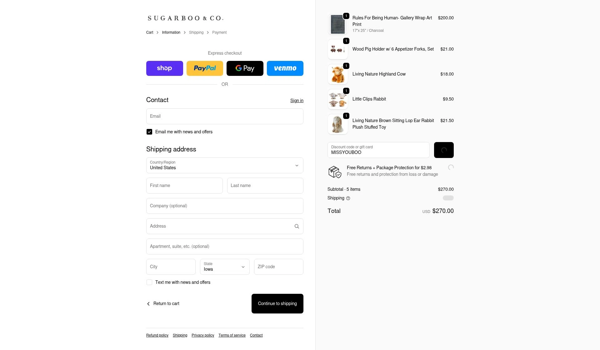 Sugarboo and Co checkout page showing Sugarboo and Co discount code box | Screenshot taken by SimplyCodes community member on Feb 6, 2026