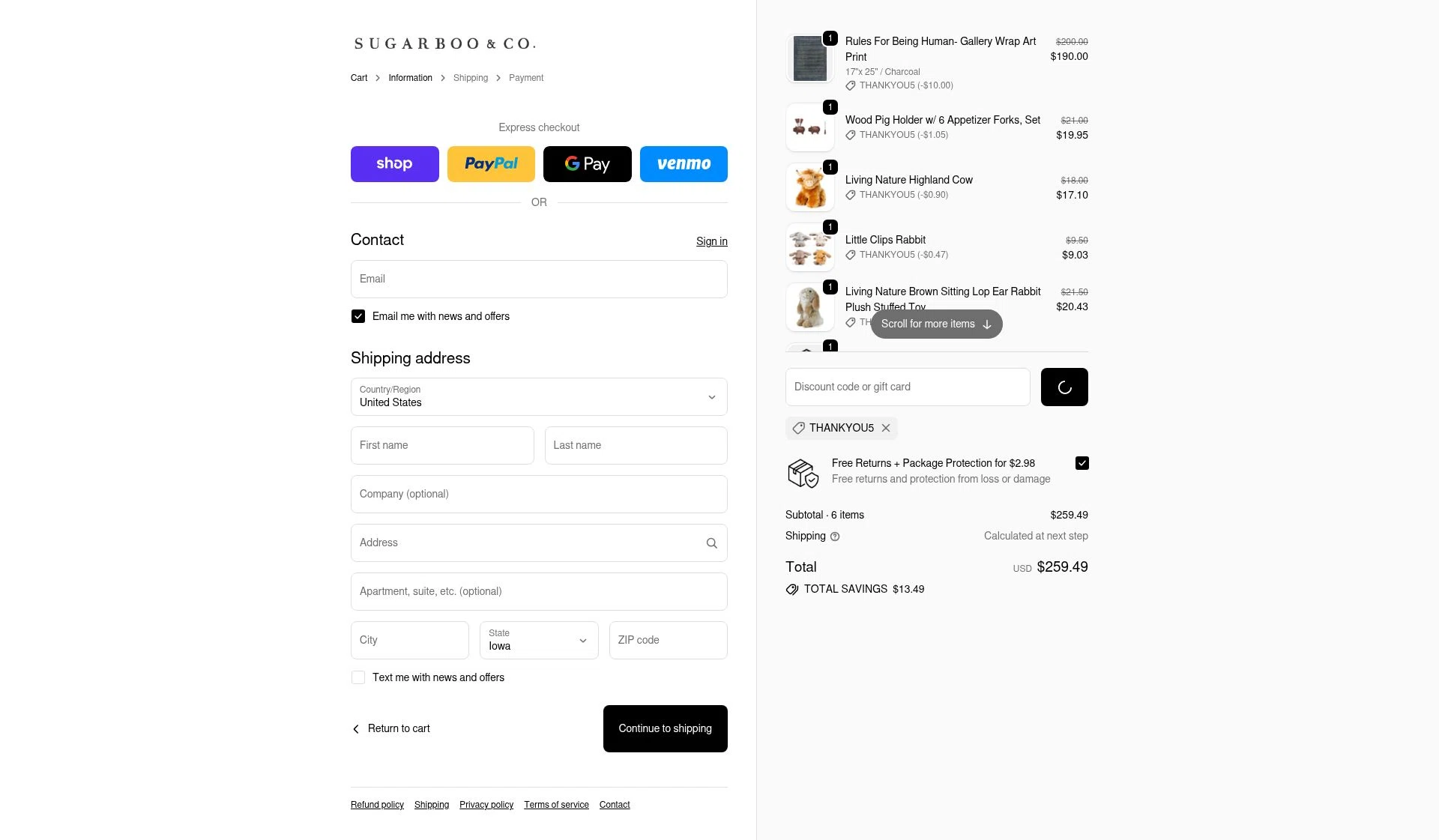 Sugarboo and Co checkout page showing Sugarboo and Co discount code box | Screenshot taken by SimplyCodes community member on Feb 6, 2026