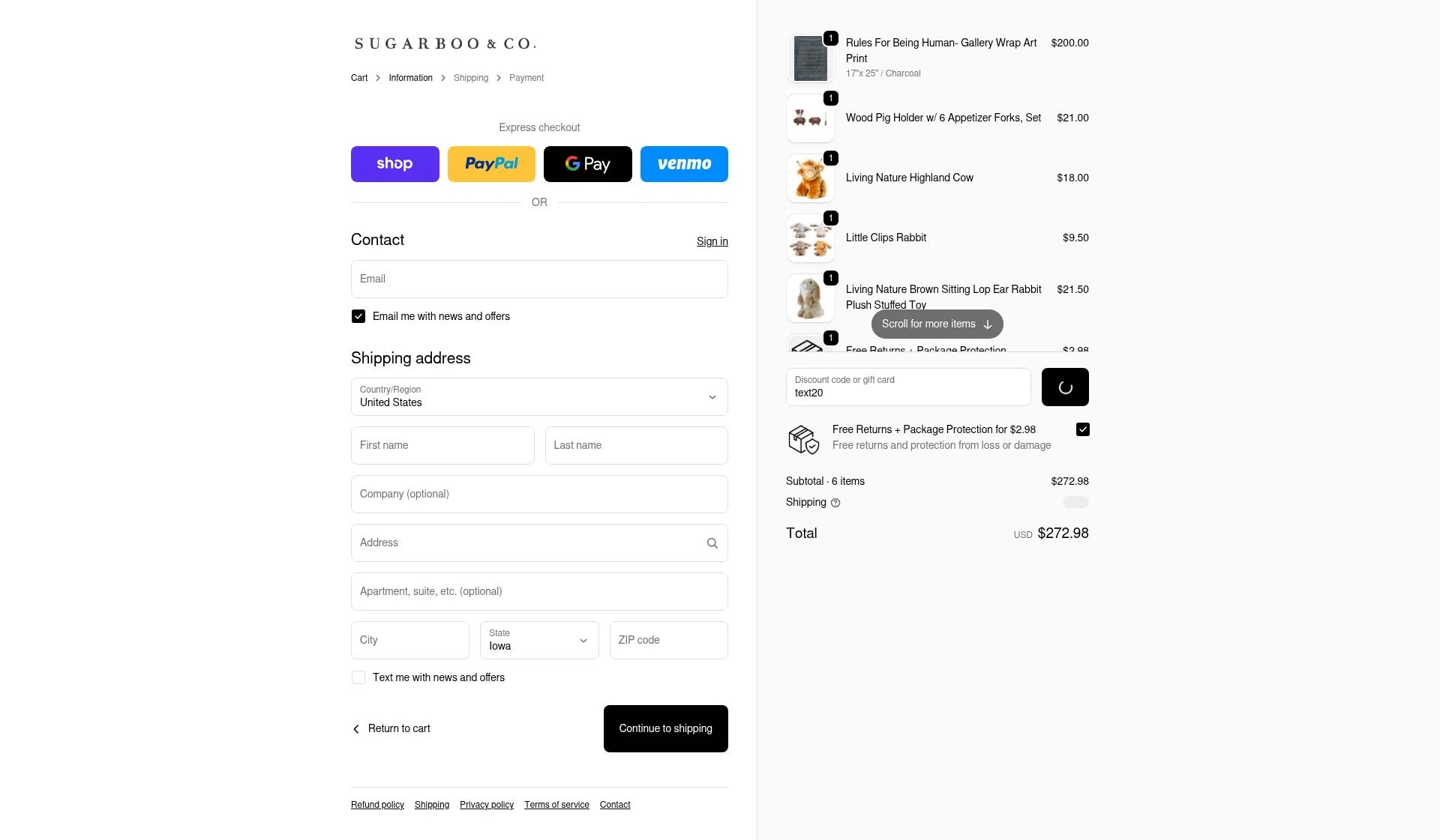Sugarboo and Co checkout page showing Sugarboo and Co discount code box | Screenshot taken by SimplyCodes community member on Feb 6, 2026