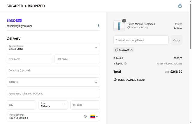Sugared + Bronzed checkout page showing Sugared + Bronzed promo code box | Screenshot taken by SimplyCodes community member on May 20, 2025