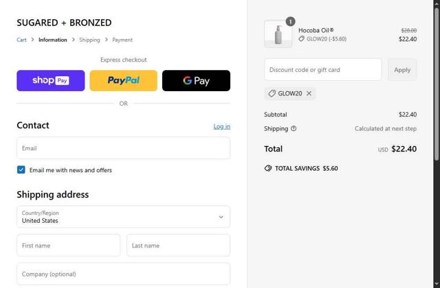 Sugared + Bronzed checkout page showing Sugared + Bronzed promo code box | Screenshot taken by SimplyCodes community member on May 4, 2025