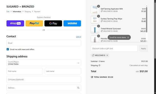 Sugared + Bronzed checkout page showing Sugared + Bronzed promo code box | Screenshot taken by SimplyCodes community member on May 10, 2025