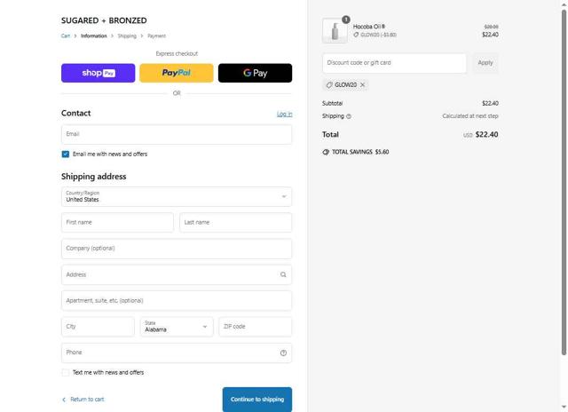 Sugared + Bronzed checkout page showing Sugared + Bronzed promo code box | Screenshot taken by SimplyCodes community member on May 23, 2025