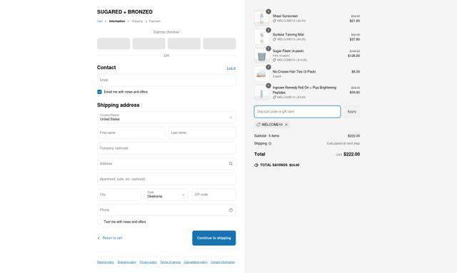 Sugared + Bronzed checkout page showing Sugared + Bronzed promo code box | Screenshot taken by SimplyCodes community member on May 20, 2025