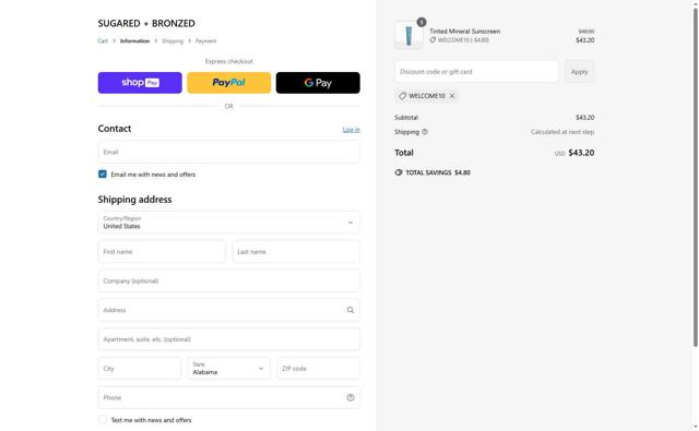 Sugared + Bronzed checkout page showing Sugared + Bronzed promo code box | Screenshot taken by SimplyCodes community member on May 3, 2025