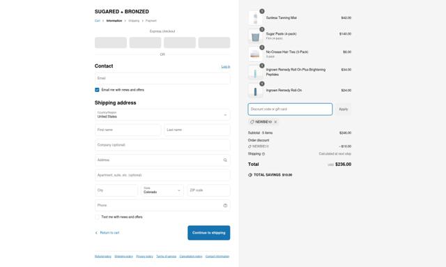 Sugared + Bronzed checkout page showing Sugared + Bronzed promo code box | Screenshot taken by SimplyCodes community member on Jun 12, 2025