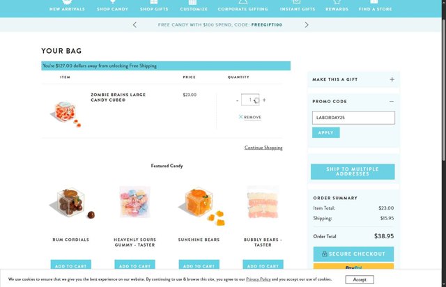 Sugarfina checkout page showing Sugarfina promo code box | Screenshot taken by SimplyCodes community member on Sep 5, 2025