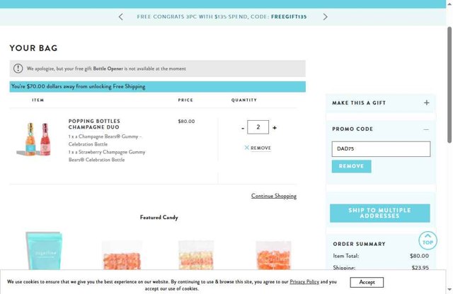 Sugarfina checkout page showing Sugarfina promo code box | Screenshot taken by SimplyCodes community member on Aug 14, 2025