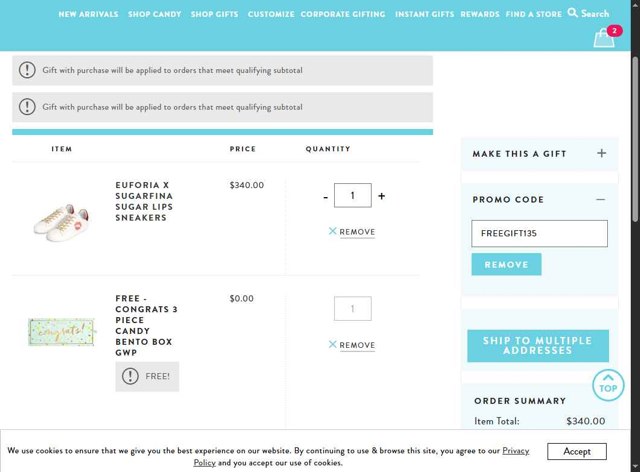 Sugarfina checkout page showing Sugarfina promo code box | Screenshot taken by SimplyCodes community member on Aug 10, 2025