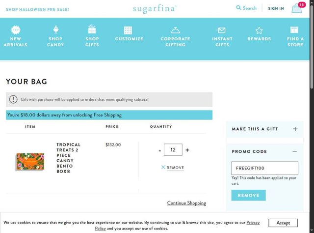 Sugarfina checkout page showing Sugarfina promo code box | Screenshot taken by SimplyCodes community member on Aug 29, 2025