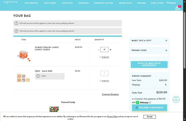 Sugarfina checkout page showing Sugarfina promo code box | Screenshot taken by SimplyCodes community member on Aug 18, 2025