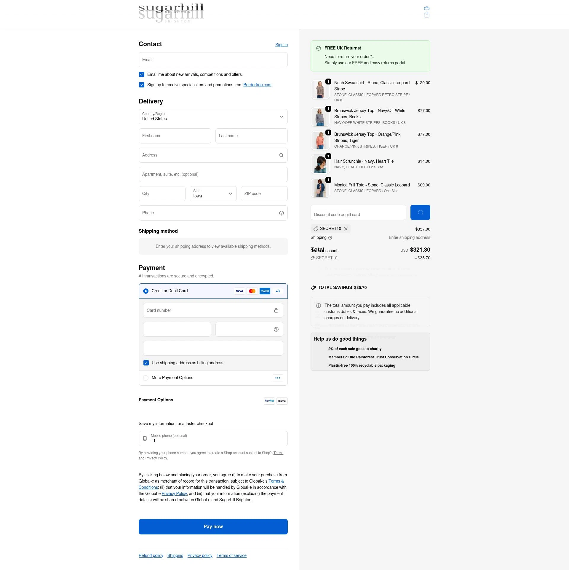 Sugarhill Brighton checkout page showing Sugarhill Brighton promo code box | Screenshot taken by SimplyCodes community member on Feb 7, 2026
