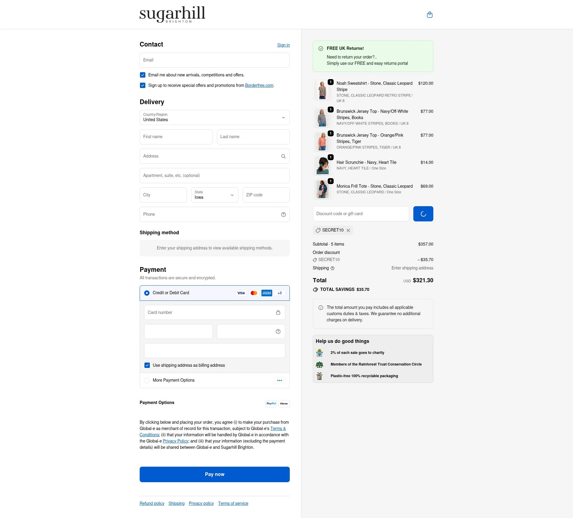 Sugarhill Brighton checkout page showing Sugarhill Brighton promo code box | Screenshot taken by SimplyCodes community member on Feb 16, 2026
