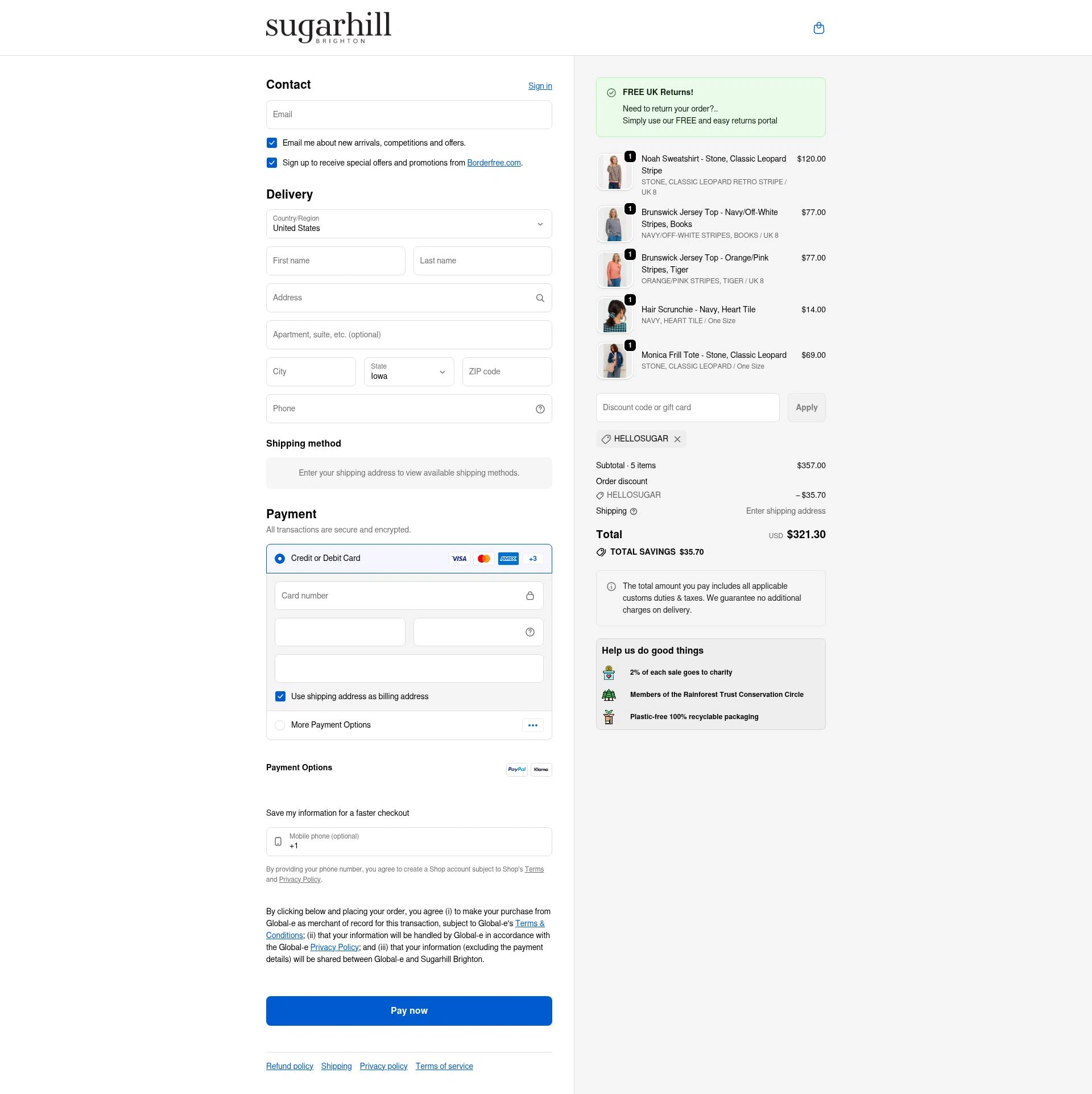 Sugarhill Brighton checkout page showing Sugarhill Brighton promo code box | Screenshot taken by SimplyCodes community member on Feb 7, 2026