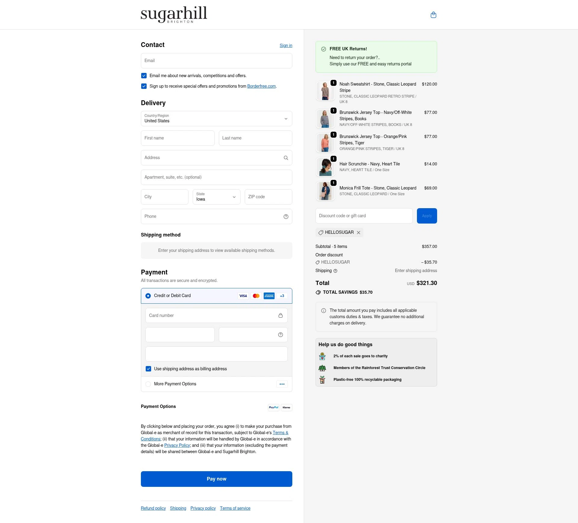 Sugarhill Brighton checkout page showing Sugarhill Brighton promo code box | Screenshot taken by SimplyCodes community member on Feb 16, 2026