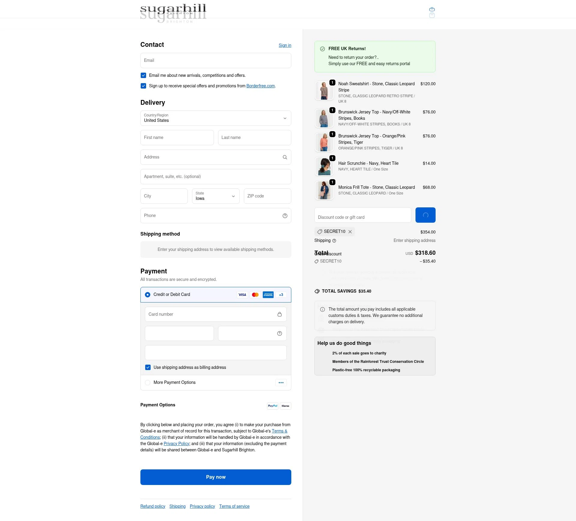 Sugarhill Brighton checkout page showing Sugarhill Brighton promo code box | Screenshot taken by SimplyCodes community member on Feb 20, 2026