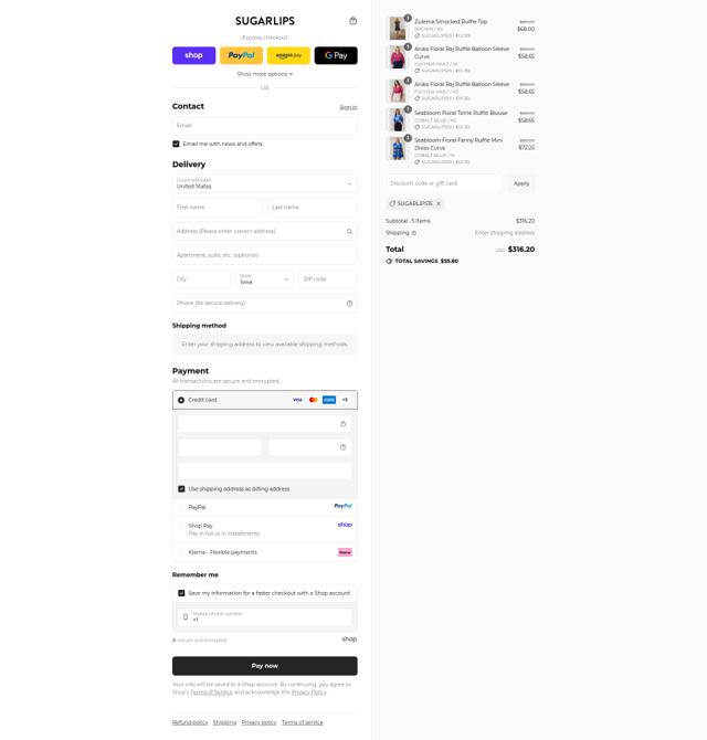 Sugarlips checkout page showing Sugarlips coupon code box | Screenshot taken by SimplyCodes community member on Sep 13, 2025