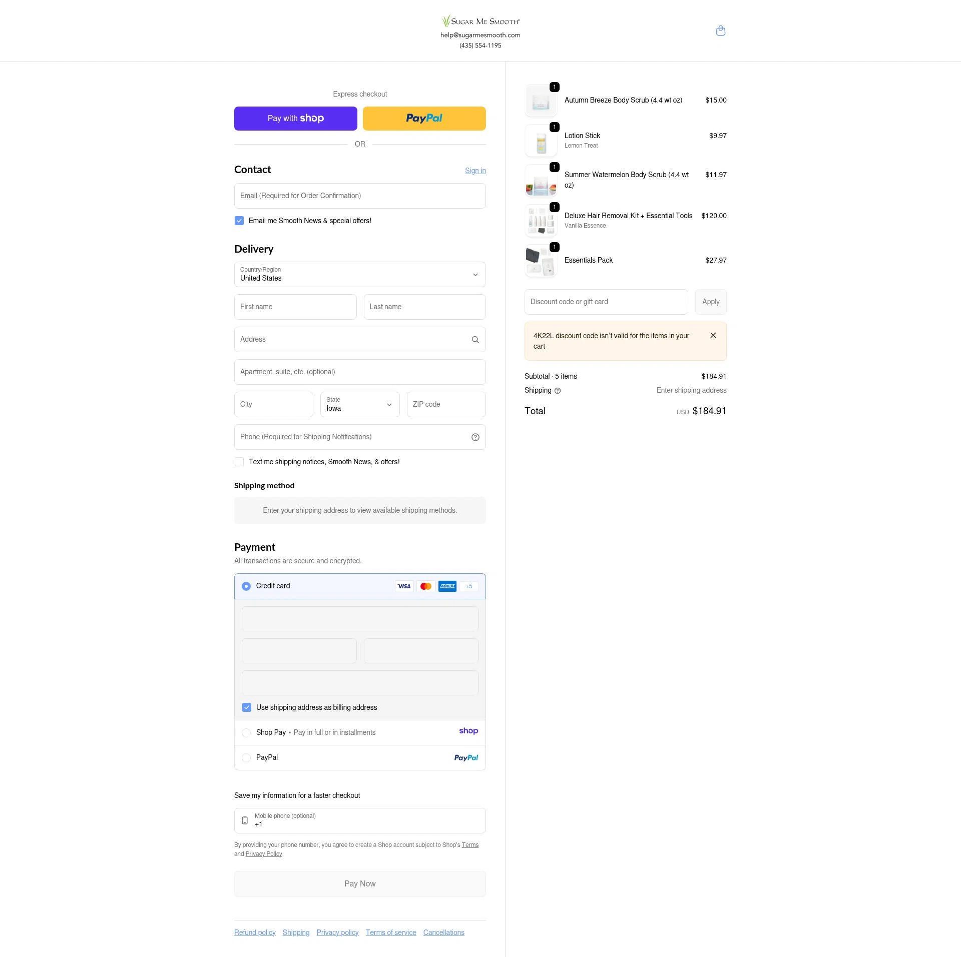 Sugar Me Smooth checkout page showing Sugar Me Smooth promo code box | Screenshot taken by SimplyCodes community member on Jan 10, 2026