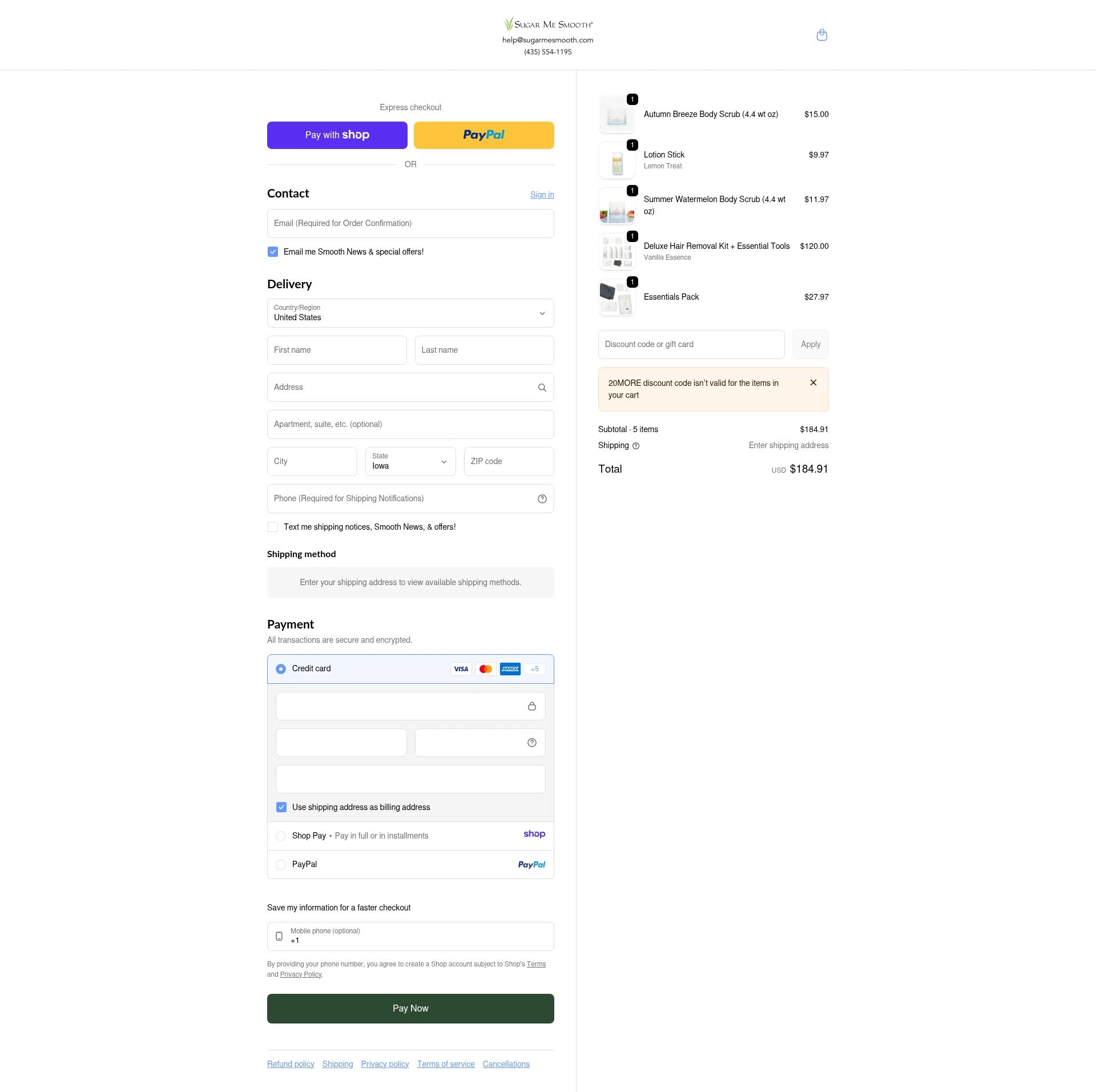 Sugar Me Smooth checkout page showing Sugar Me Smooth promo code box | Screenshot taken by SimplyCodes community member on Jan 10, 2026