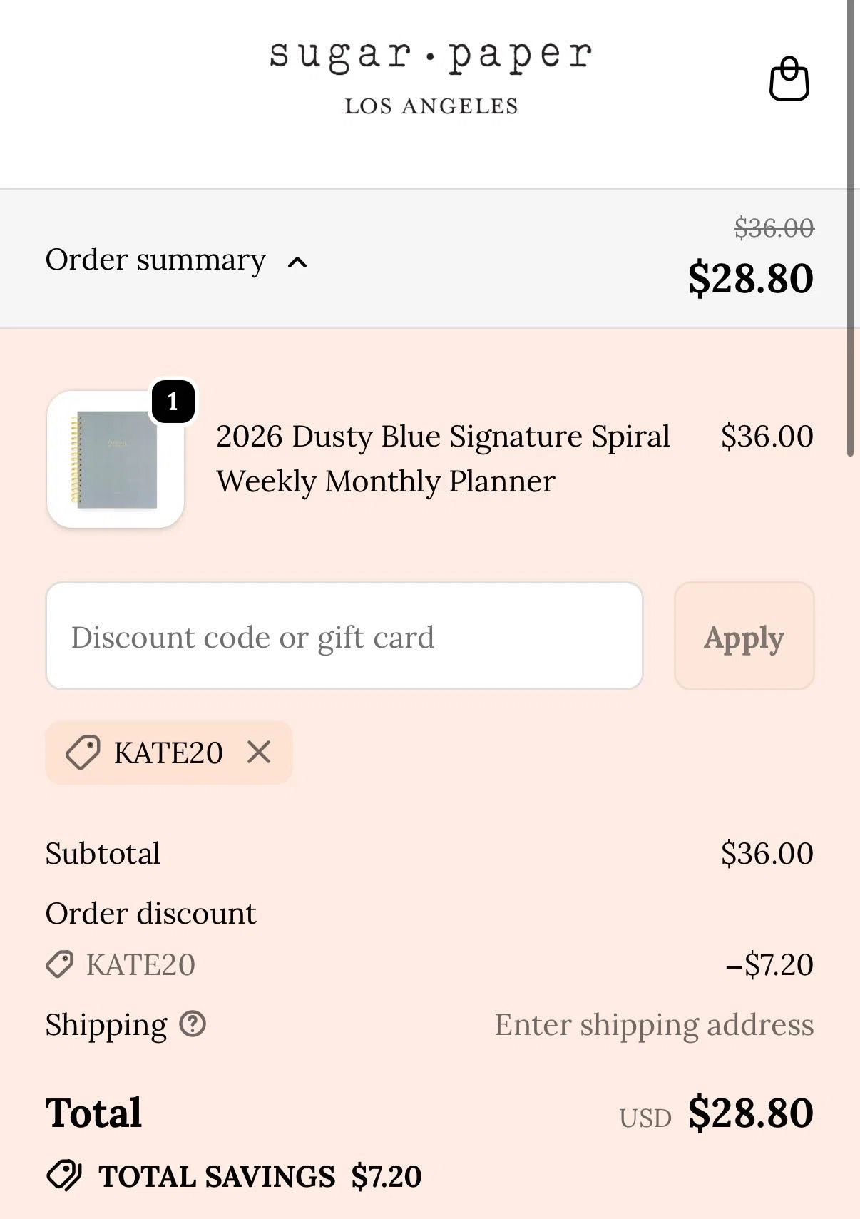 Sugar Paper promo code screenshot showing code KATE20 applied at Sugar Paper checkout page. Uploaded by SimplyCodes community member CouponDefender4417 on Dec 31, 2025