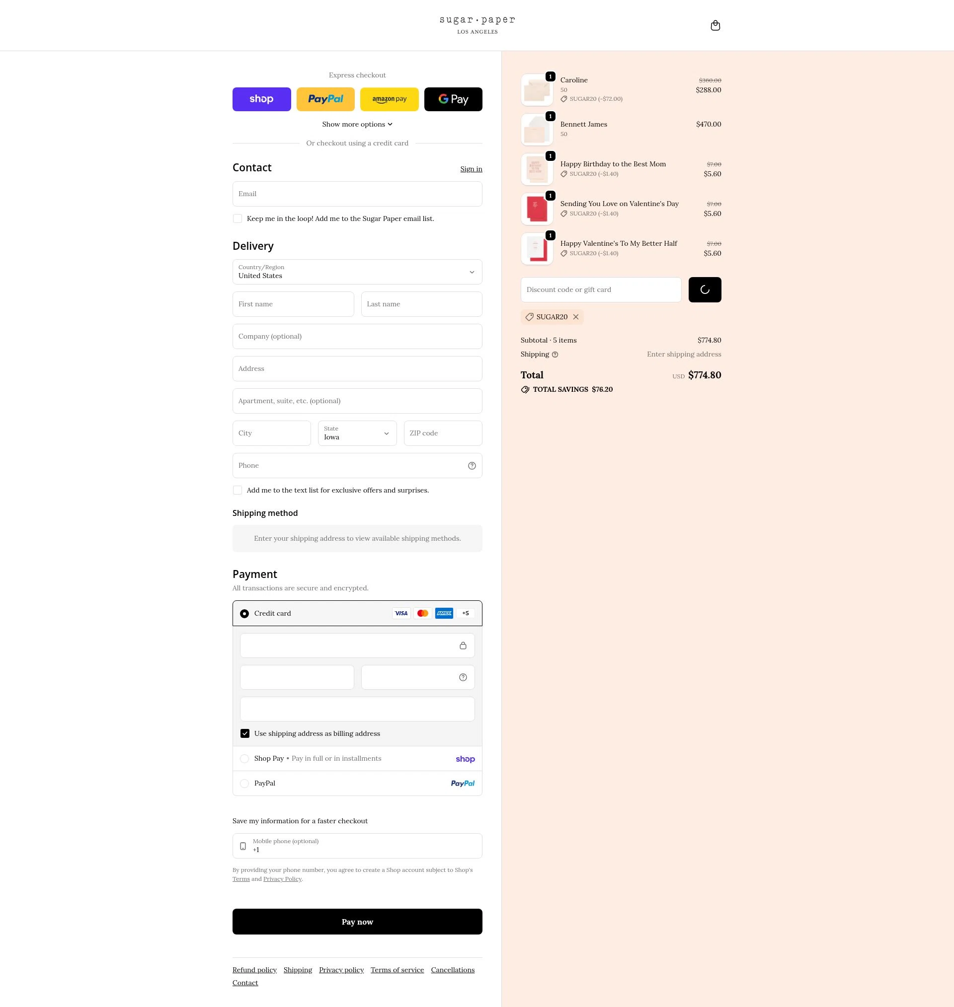 Sugar Paper checkout page showing Sugar Paper promo code box | Screenshot taken by SimplyCodes community member on Feb 5, 2026