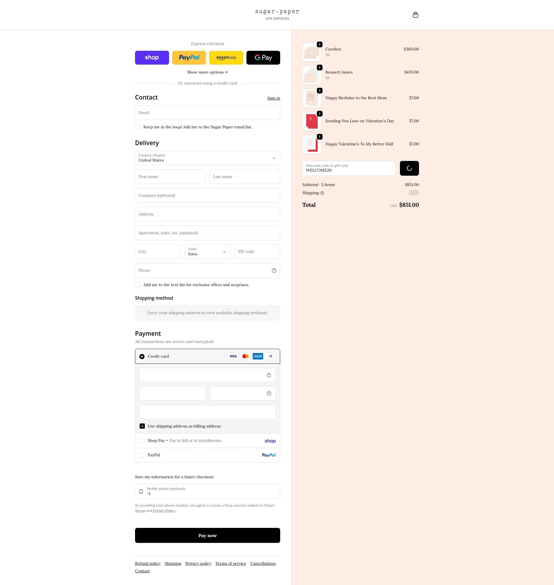 Sugar Paper checkout page showing Sugar Paper promo code box | Screenshot taken by SimplyCodes community member on Feb 5, 2026