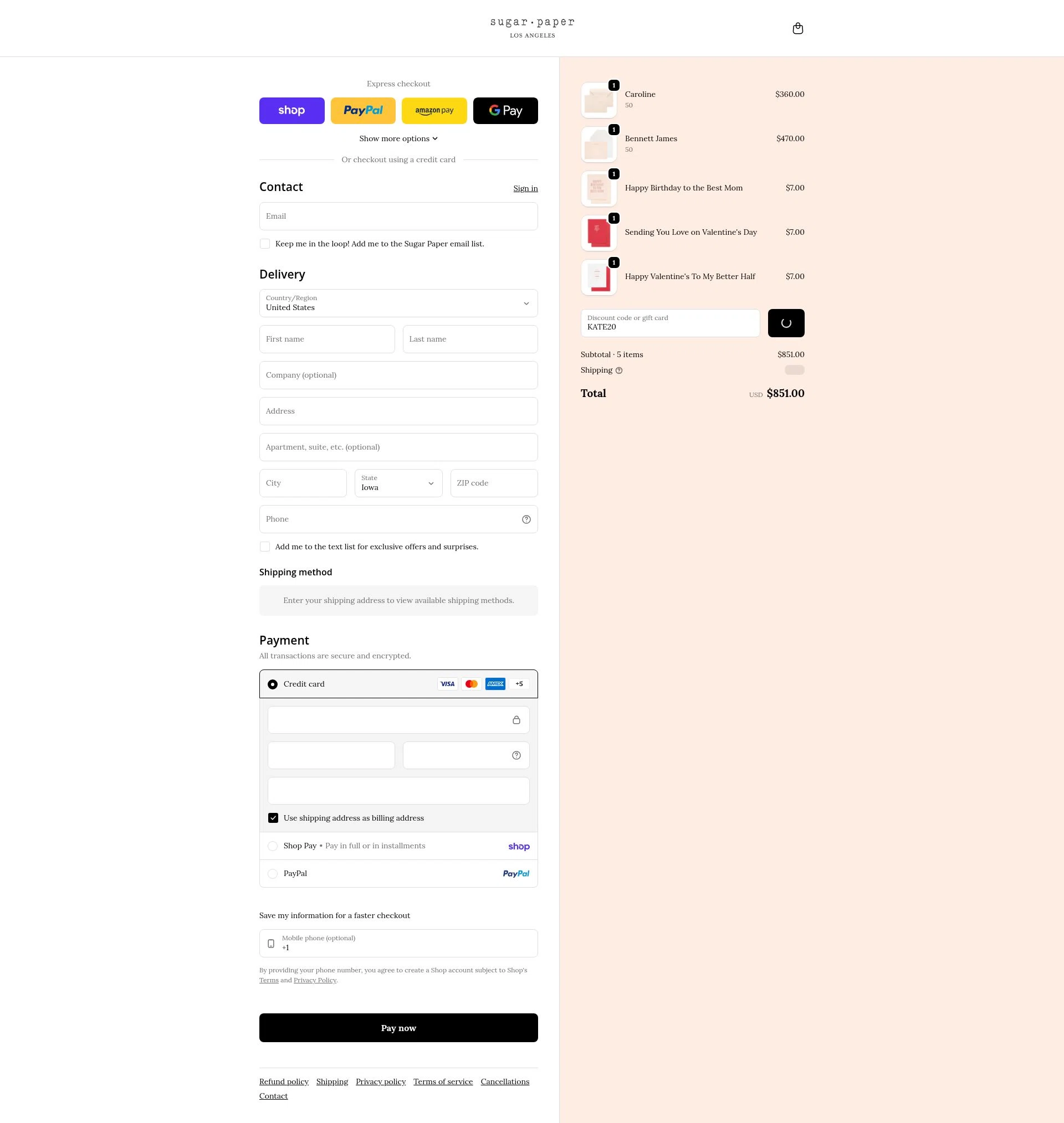 Sugar Paper checkout page showing Sugar Paper promo code box | Screenshot taken by SimplyCodes community member on Feb 5, 2026